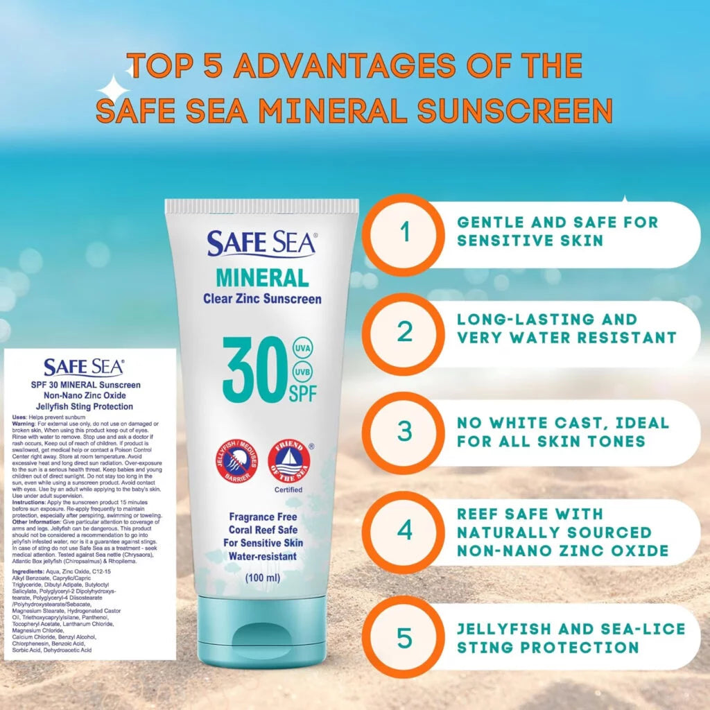 SAFE SEA SPF30 Mineral Clear Zinc Sunscreen (100ml)-Streamline Sports