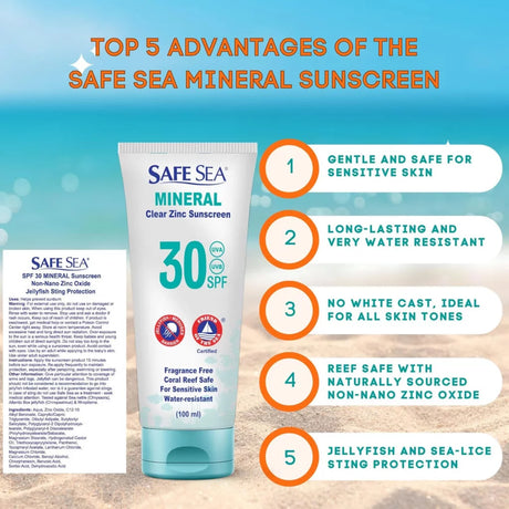 SAFE SEA SPF30 Mineral Clear Zinc Sunscreen (100ml)-Streamline Sports
