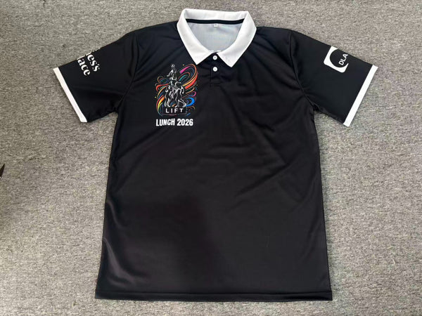 A black polo shirt with white collar and sleeve trim, printed with an event logo on the chest and a client logo on the sleeve.