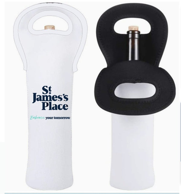 A white neoprene wine carrier with a handle, shown flat and holding a bottle, printed with a corporate logo and tagline.