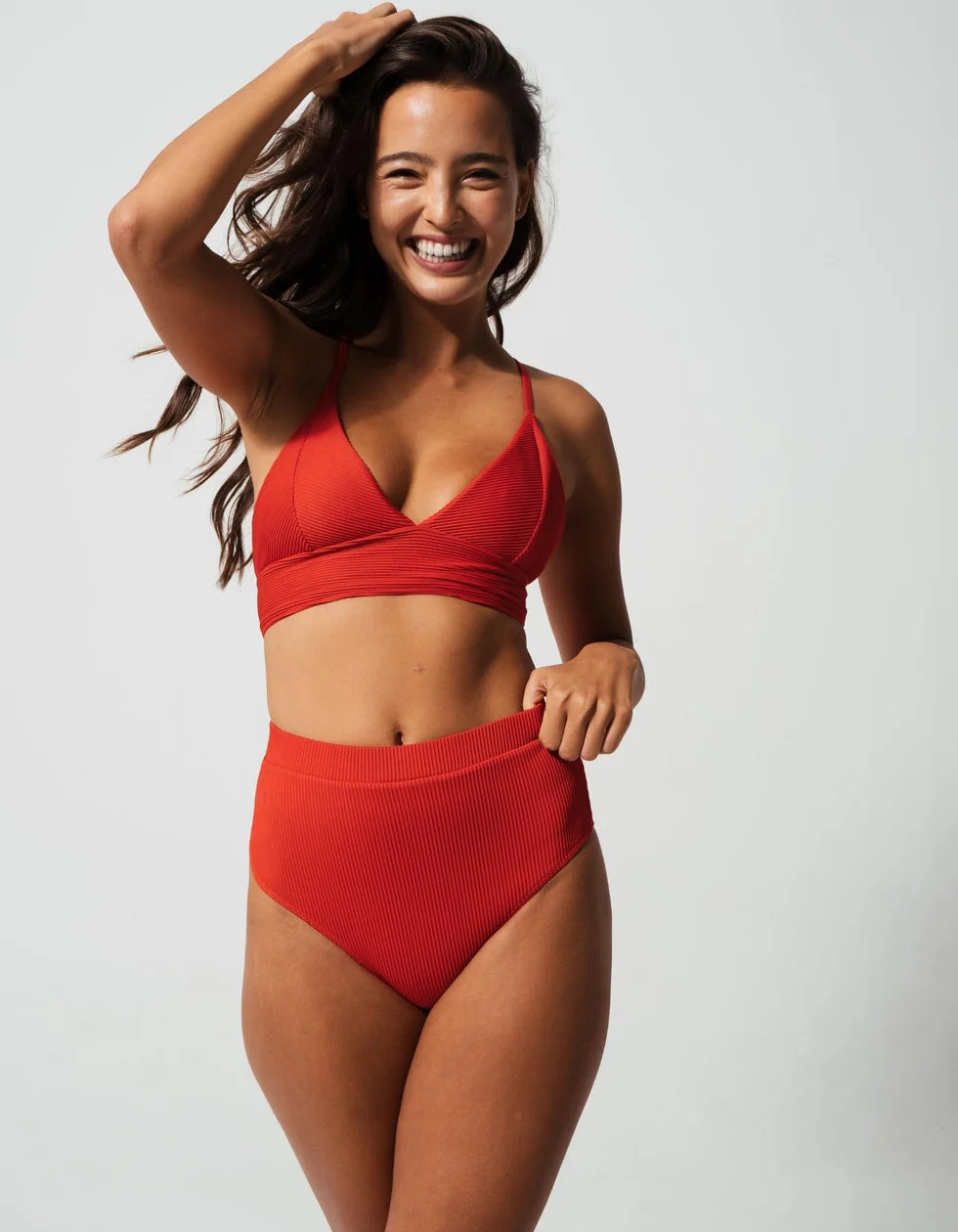 Sandbar - Womens Ribbed Plunge Bikini Top - Flores Coral